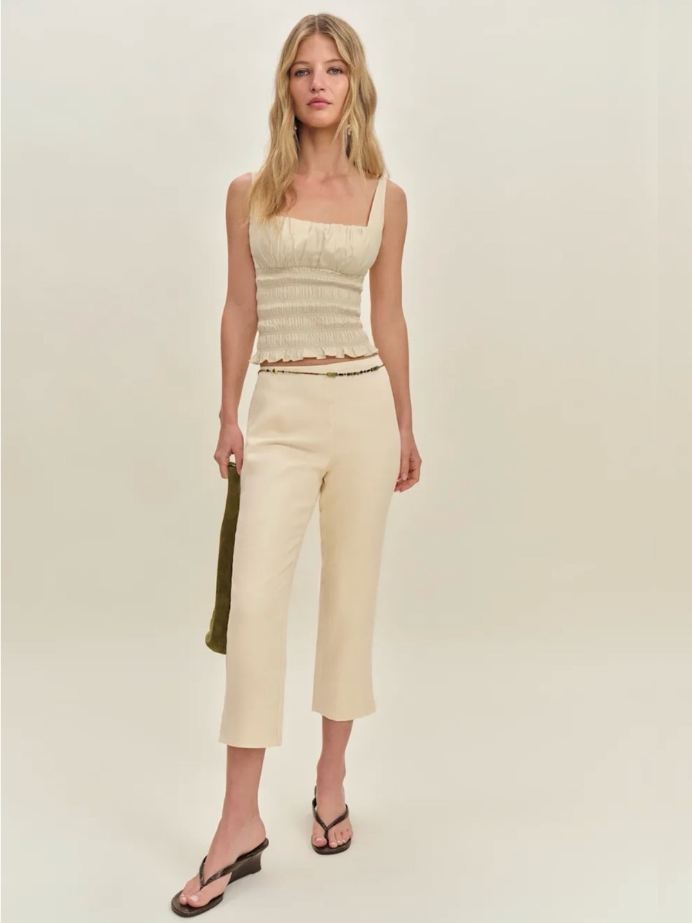 REFORMATION Petra Linen Low Rise Pedal Pusher Pants in Sugar 6